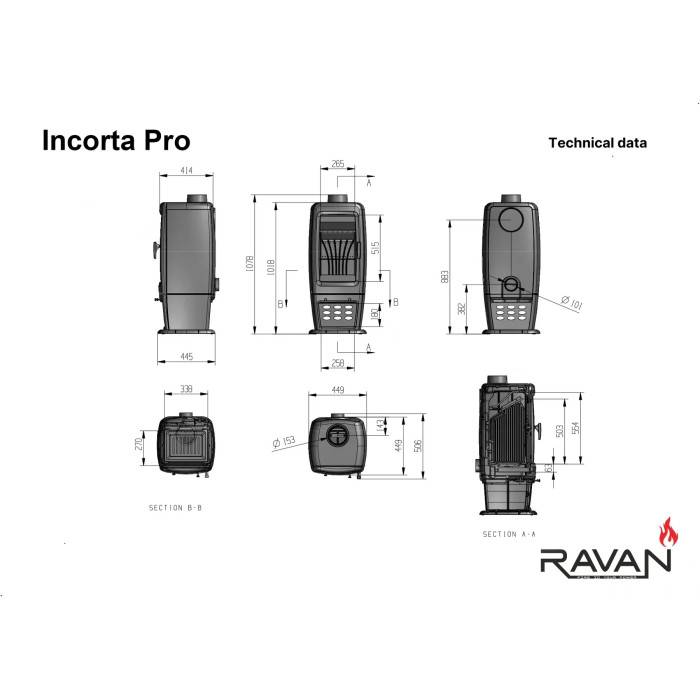 Чавунна піч-камін Ravan Incorta Pro 14 кВт